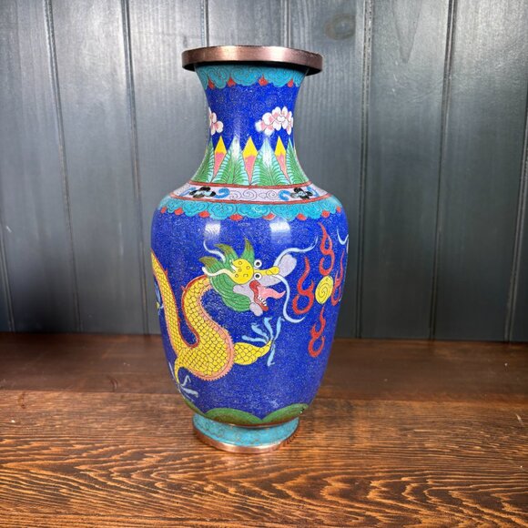 Large Vintage Cloisonne Dragon Vase 10" Copper Enamel Asian Decor Chinese Style - Picture 4 of 17